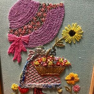 Vintage Handcrafted Embroidered Art with Purple and Pink Accents, 1970s
